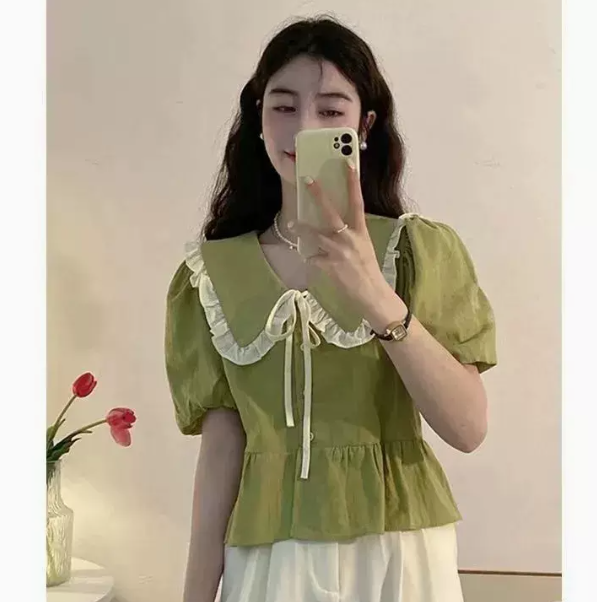 Doll Collar Puff Sleeve Shirt (Green Size: S-3XL) (Please contact customer service to confirm the shipping size after placing an order)