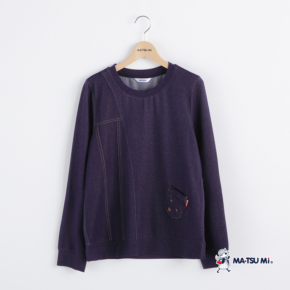 MA‧TSU Mi 仿牛仔不規則剪裁設計繡花熊口袋上衣(深藍.黑)