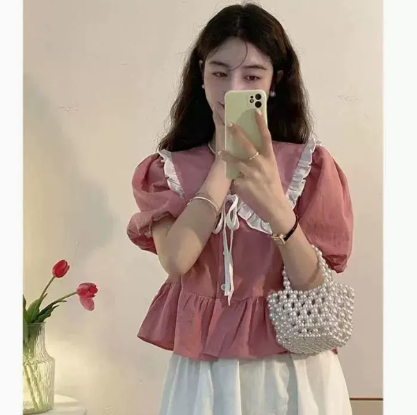 Doll Collar Puff Sleeve Shirt (Pink Size: S-3XL) (Please contact customer service to confirm the shipping size after placing an order)