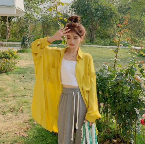 Summer loose mid-length shirt (yellow) [Size: M-XL] [Contact customer service to confirm the shipping size after placing an order]