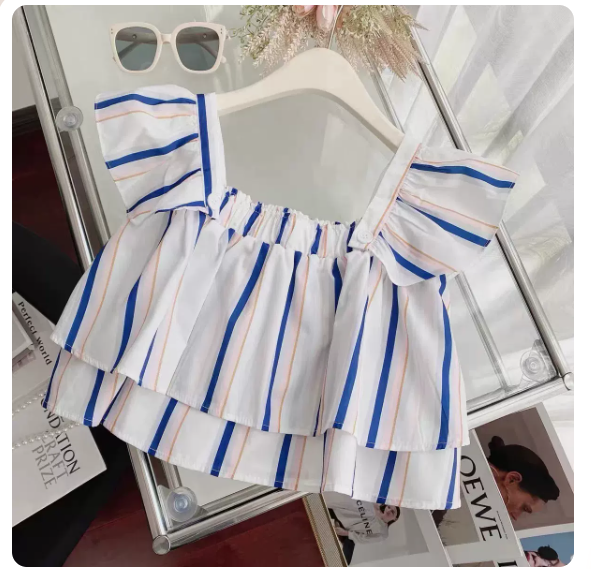 爆款方領抹胸短上衣(藍色條紋8186-1 尺碼:S-3XL )(下單後請聯絡客服確認發貨尺碼)