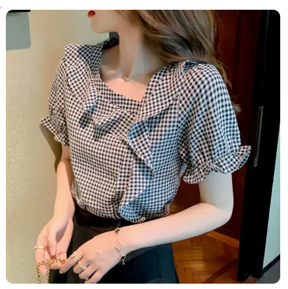 Chiffon Short Sleeve Shirt (Black Plaid Size: S-3XL) (Please contact customer service to confirm the shipping size after placing an order)