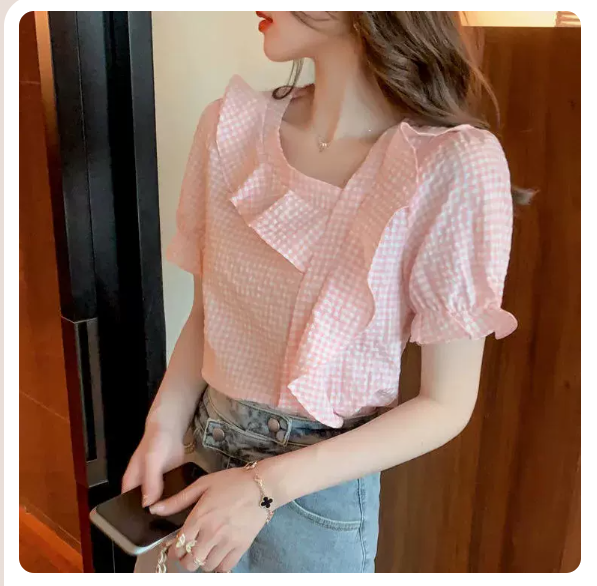 Chiffon Short Sleeve Shirt (Pink Plaid Size: S-3XL) (Please contact customer service to confirm the shipping size after placing an order)