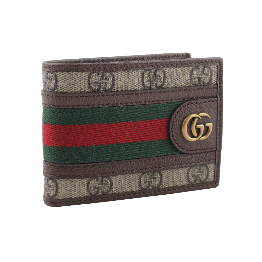 【GUCCI】Ophidia GG 塗層帆布綠紅迷你對開4卡短夾
