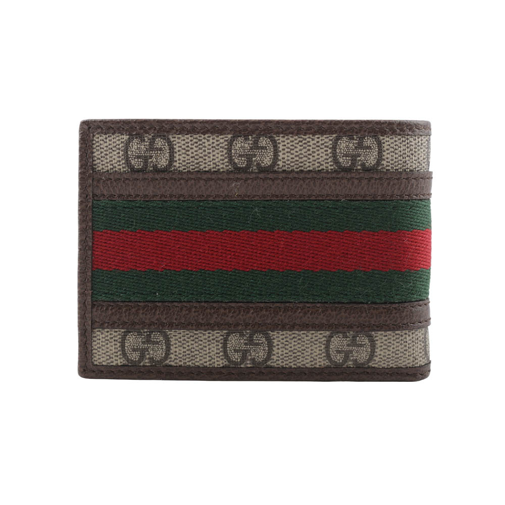【GUCCI】Ophidia GG 塗層帆布綠紅迷你對開4卡短夾(米色/烏木色) 597610 96IWT 8745