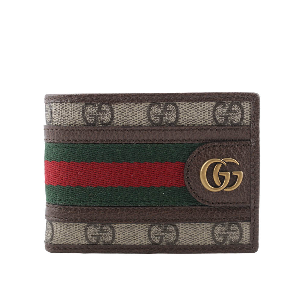 【GUCCI】Ophidia GG 塗層帆布綠紅迷你對開4卡短夾(米色/烏木色) 597610 96IWT 8745