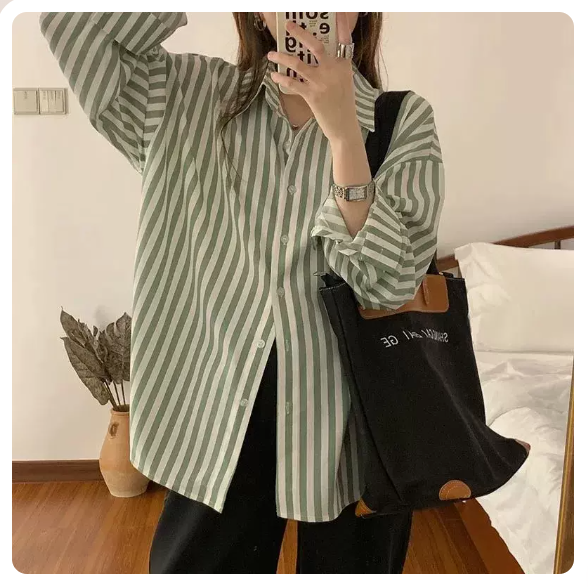 Versatile Long Sleeve Shirt (Green Matcha Green Stripe Size: 2XL-3XL) (Please contact customer service to confirm the shipping size after placing an order)