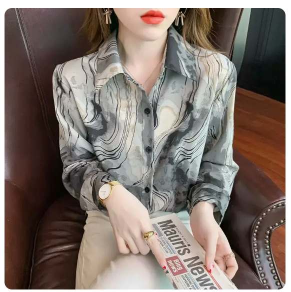 激抵寬松長袖襯衫(灰色水墨印花 尺碼:S-3XL )(下單後請聯絡客服確認發貨尺碼)
