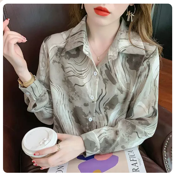 熱賣寬松長袖襯衫(卡其色水墨印花 尺碼:S-3XL )(下單後請聯絡客服確認發貨尺碼)