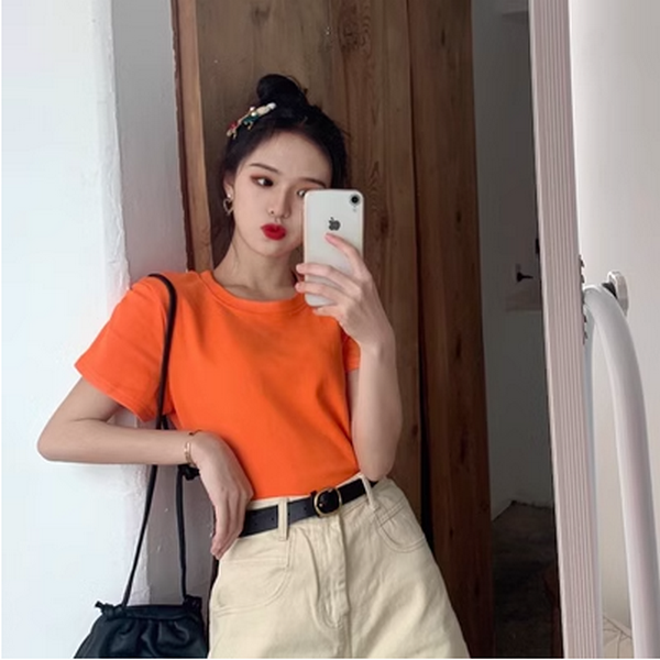 Basic Solid Color Short Sleeve T-Shirt Women's Top ((Vibrant Orange) (Size: One Size)