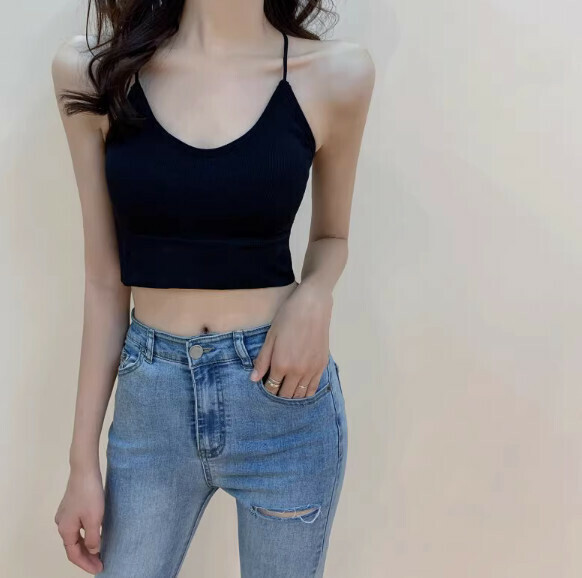 Summer bandeau vest with bra pad (black) [Size: S-L] [Contact customer service to confirm the shipping size after placing an order]