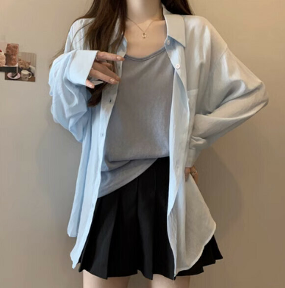 Summer Loose Long Sleeve Shirt (Blue) [One Size] [Without Suspenders]