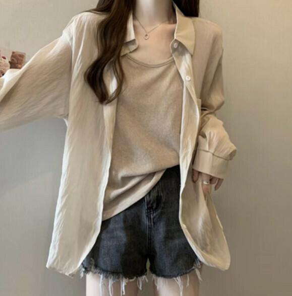 Summer Loose Long Sleeve Shirt (Khaki) [One Size] [Without Suspenders]