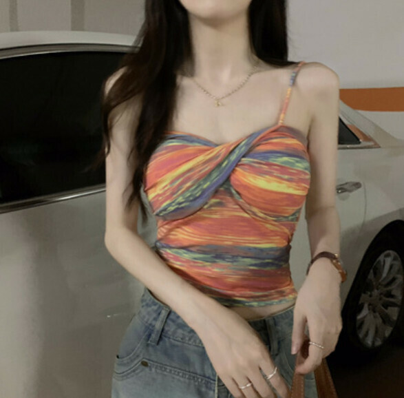 Summer Striped Cross Vest with Chest Padding (Orange) [One Size]