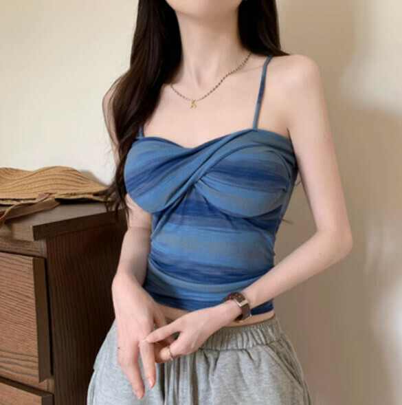 Summer Striped Cross Vest with Chest Padded (Blue) [One Size]