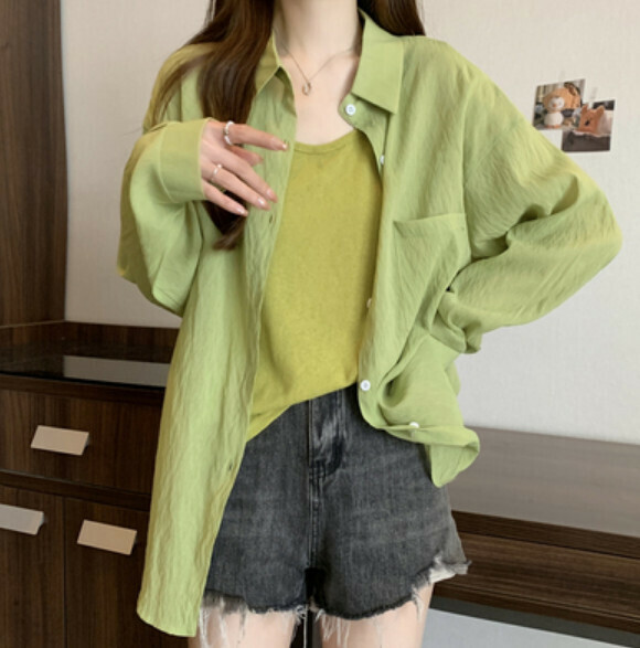 Summer Loose Long Sleeve Shirt (Dark Green) [One Size] [Without Suspenders]