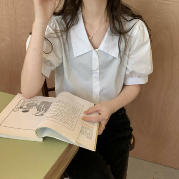 Summer cotton linen puff sleeve shirt (bubble white) [Size: S-L] [Contact customer service to confirm the shipping size after placing an order]
