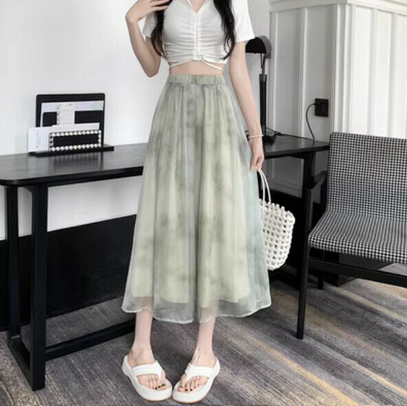 Summer midi mesh skirt (green) [Size: S-XL] [Contact customer service to confirm the shipping size after placing an order]