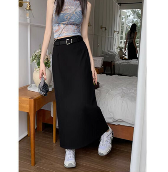Summer high-waisted A-line rear slit skirt (black) [Size: S-XL] [Contact customer service to confirm the shipping size after placing an order]