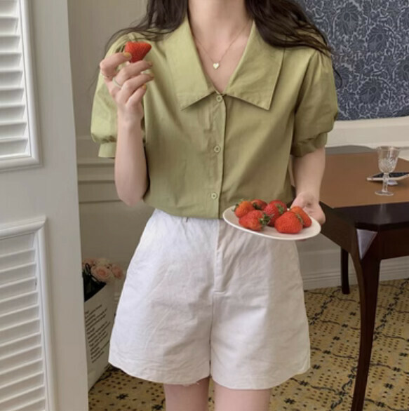 Summer cotton linen puff sleeve shirt (fruit green) [Size: S-L] [Contact customer service to confirm the shipping size after placing an order]