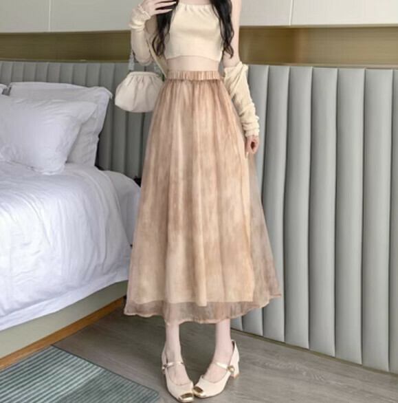 Summer mid-length mesh skirt (light card color) [Size: S-XL] [Contact customer service to confirm the shipping size after placing an order]