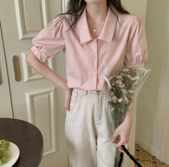 Summer cotton linen puff sleeve shirt (pudding powder) [Size: S-L] [Contact customer service to confirm the shipping size after placing an order]