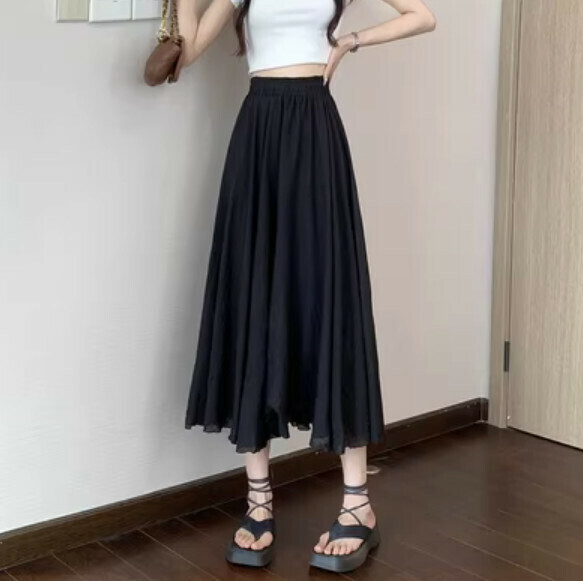Summer mid-length cotton and linen skirt (black) [Size: S-XL] [Contact customer service to confirm the shipping size after placing an order]