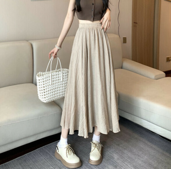 Summer mid-length cotton and linen skirt (khaki) [Size: S-XL] [Contact customer service to confirm the shipping size after placing an order]