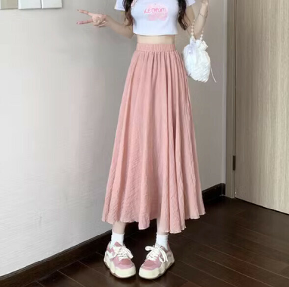 Summer mid-length cotton and linen skirt (pink) [Size: S-XL] [Contact customer service to confirm the shipping size after placing an order]