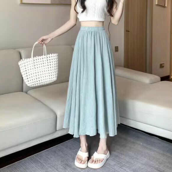 Summer midi cotton and linen skirt (green) [Size: S-XL] [Contact customer service to confirm the shipping size after placing an order]