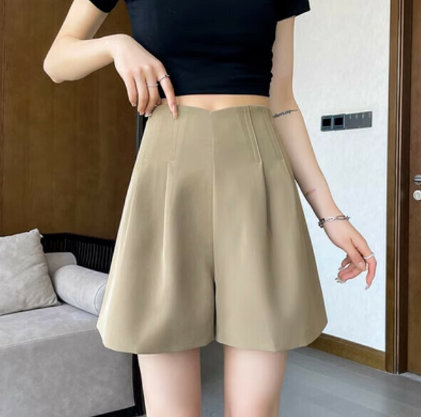 熱推夏季闊腿高腰西裝短褲（卡其色）【尺碼：S-XL】【下單後聯絡客服確認發貨尺碼】