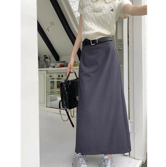 Summer high-waisted A-line rear slit skirt (gray) [Size: S-XL] [Contact customer service to confirm the shipping size after placing an order]