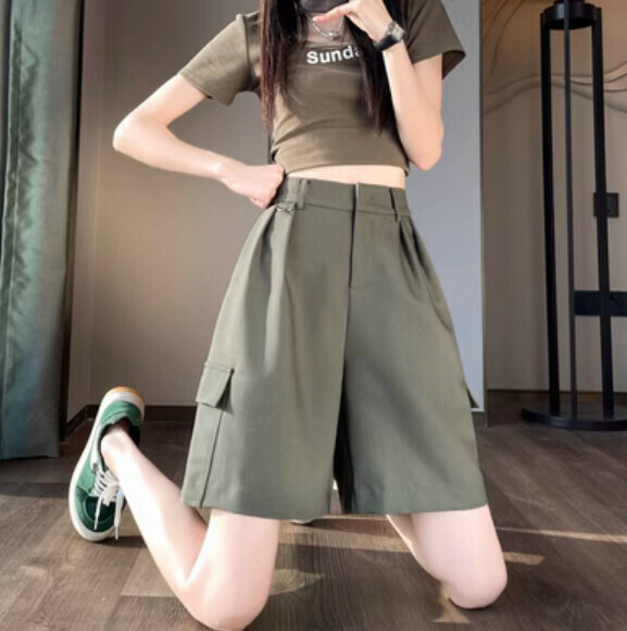 Summer loose high-waisted cropped pants (olive green) [Size: S-2XL] [Contact customer service to confirm the shipping size after placing an order]