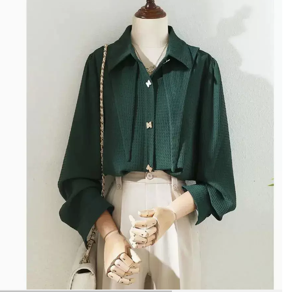 Roll-neck puff sleeve shirt (green size: S-3XL) (Please contact customer service to confirm the shipping size after placing an order)