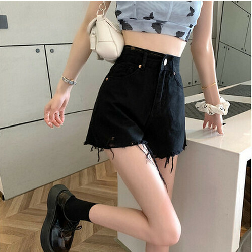 Hot selling raw edge ripped denim shorts [black] [S-XL size] (please contact customer service to confirm the delivery size after placing the order)