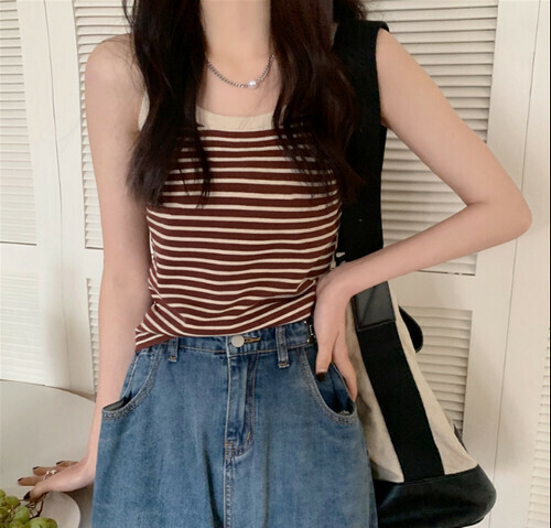 熱賣撞色條紋小吊帶背心【咖色】【均碼】