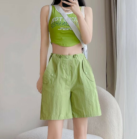 Summer high-waisted wide-leg cropped pants (green) [Size: S-XL] [Contact customer service to confirm the shipping size after placing an order]