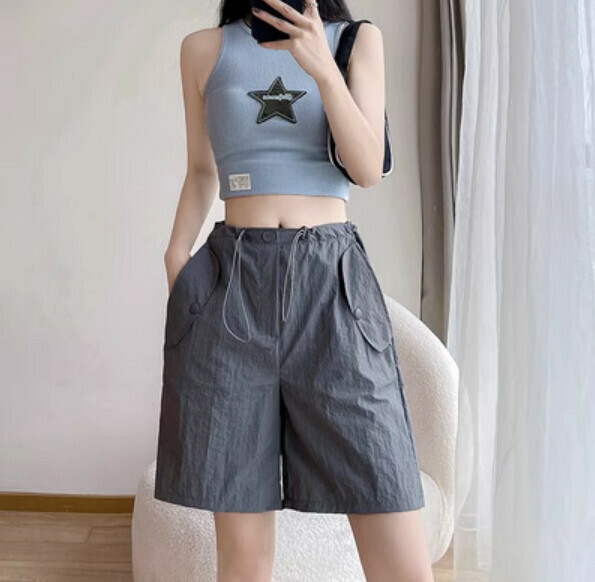Summer high-waisted wide-leg cropped pants (gray) [Size: S-XL] [Contact customer service to confirm the shipping size after placing an order]