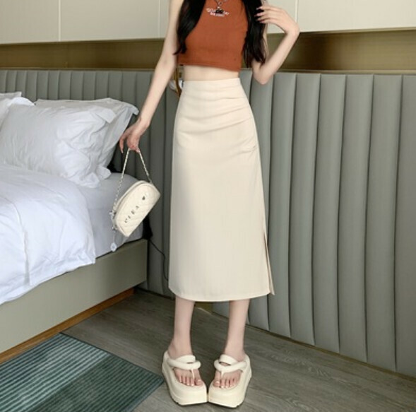 Summer high-waisted mid-length hip skirt (apricot) [Size: S-XL] [Contact customer service to confirm the shipping size after placing an order]
