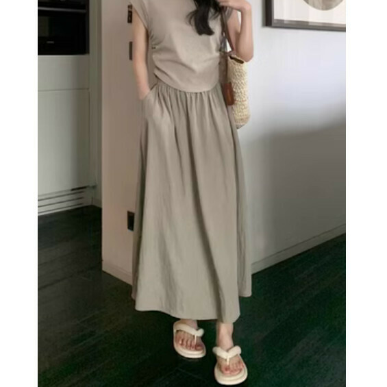 Summer high-waisted mid-length linen skirt (coffee gray) [Size: S-XL] [Contact customer service to confirm the shipping size after placing an order]