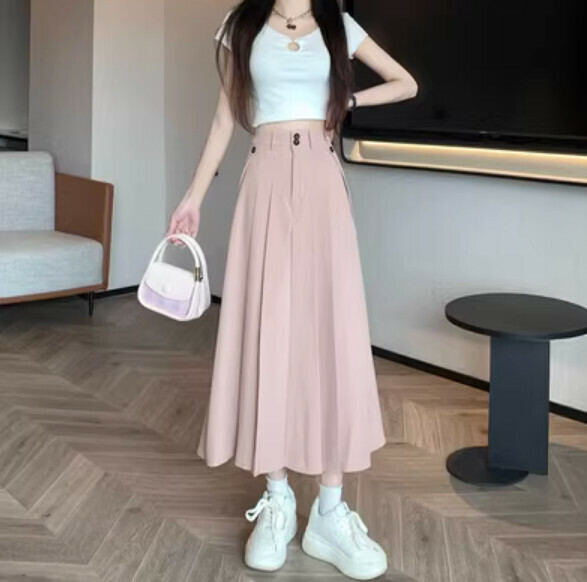 Summer high-waisted midi pleated skirt (pink) [Size: S-3XL] [Contact customer service to confirm the shipping size after placing an order]