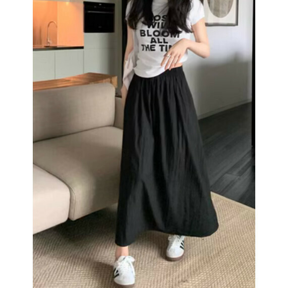 Summer high-waisted mid-length linen skirt (black) [Size: S-XL] [Contact customer service to confirm the shipping size after placing an order]