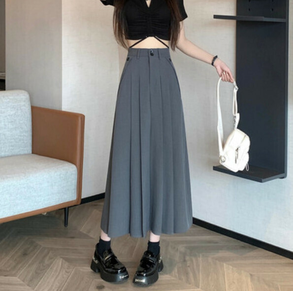 Summer high-waisted mid-length pleated skirt (gray) [Size: S-3XL] [Contact customer service to confirm the shipping size after placing an order]