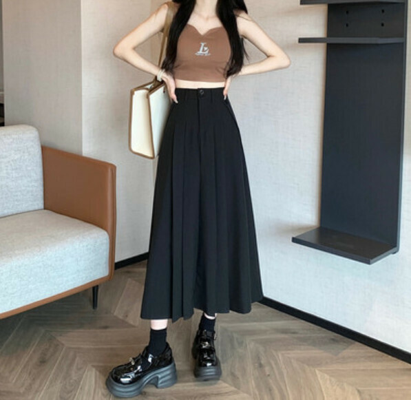 Summer high-waisted midi length pleated skirt (black) [Size: S-3XL] [Contact customer service to confirm the shipping size after placing an order]