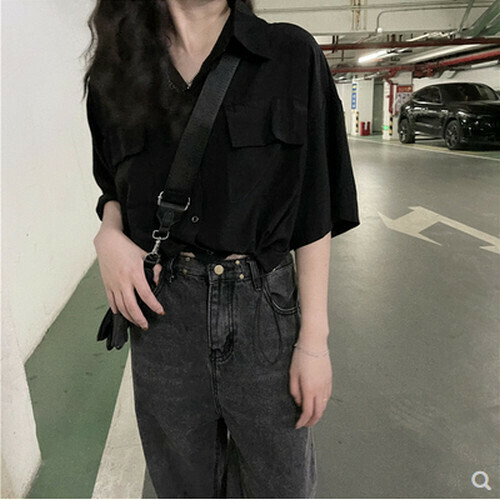 Hot Selling Drawstring Short Sleeve Shirt [Black] [One Size Fits All]