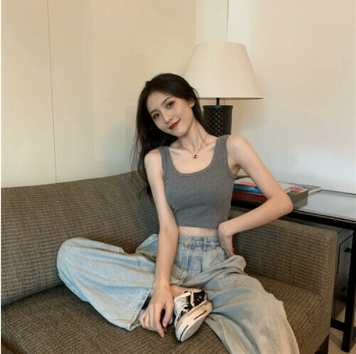 Small Camisole U-Neck Sport Cropped Underwear Bottom Sleeveless T-Shirt Top Tide (Gray) [Size: One Size]