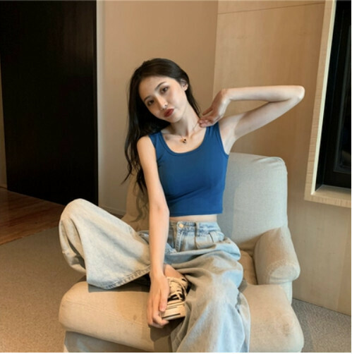 Small Camisole U-Neck Sport Cropped Underwear Bottom Sleeveless T-Shirt Top Tide (Blue) [Size: One Size]