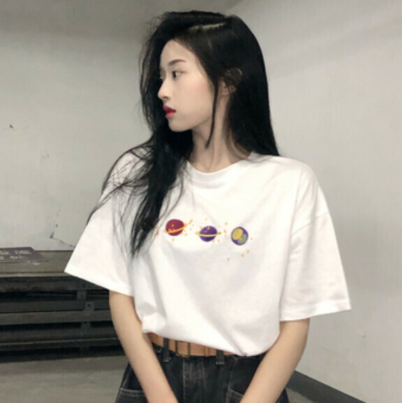 Loose T-shirt women's short sleeve (White Planet T-shirt one-size-fits-all) #F337001056