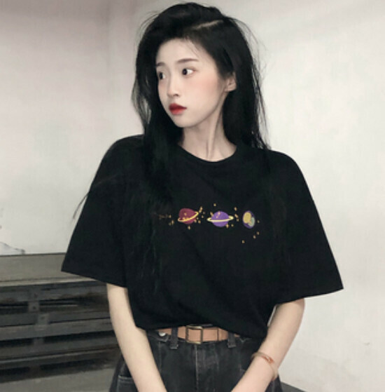 Loose T-shirt women's short sleeve (black planet T-shirt one-size-fits-all) #F337001057