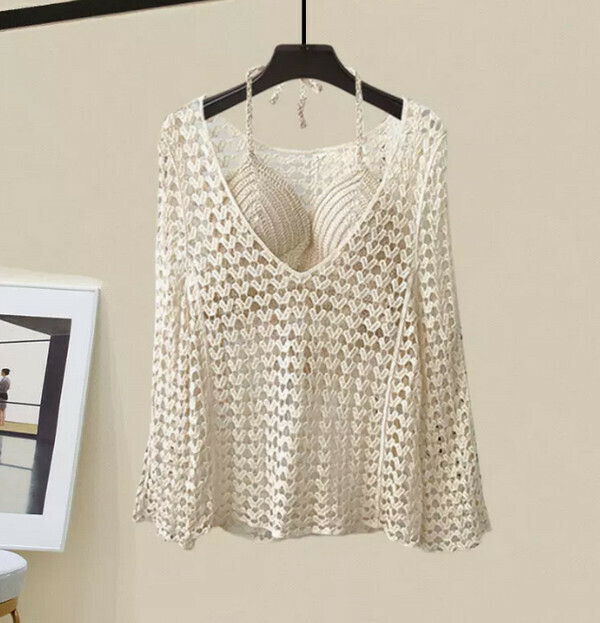 Cut-out knit sweater smock + hot girl camisole (apricot) (M-4XL size) (contact customer service to confirm the size after placing an order)  #F105034148